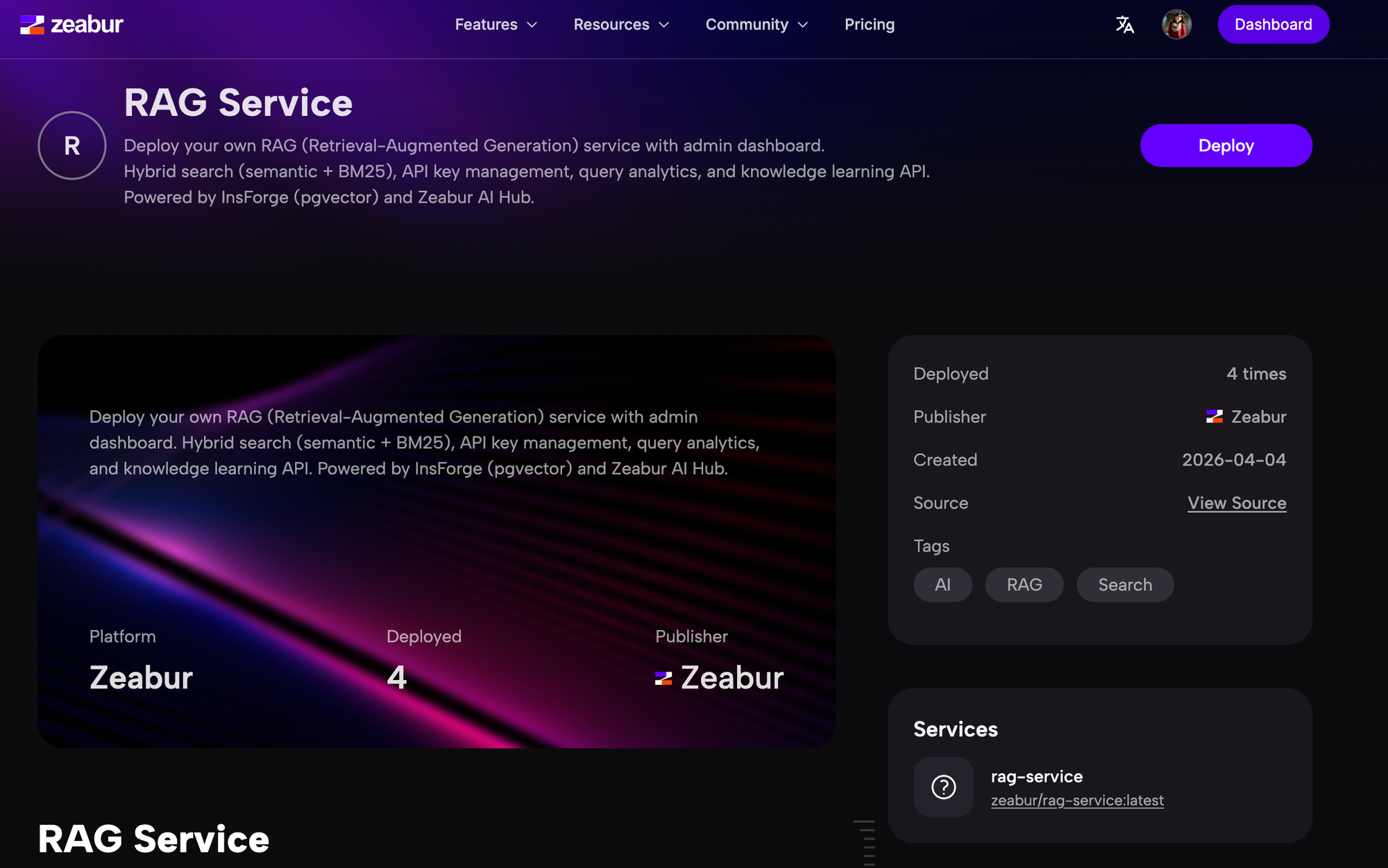 Zeabur RAG Service 模板